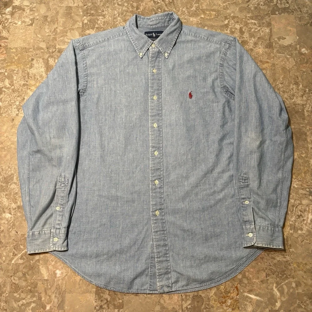 Polo Ralph Lauren Shirt Mens Large Classic Blue Chambray Long Sleeve Button FAIR